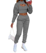 Womens Sexy 3 Piece Tracksuits - Long Sleeve Pullover Crop Top Hoodie +Tank Top+Drawstring Long Pants Sweatsuit Darkgrey M
