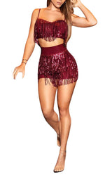 Tbahhir Shiny Glitter 2 Piece Shorts Outfits for Women Flowy Tassels Crop Top + Mini Shorts Sets Tracksuits