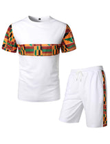 ZEROYAA Mens African Style Kente Print T-Shirt and Shorts Set Mesh Tracksuit Dashiki Outfits White Medium